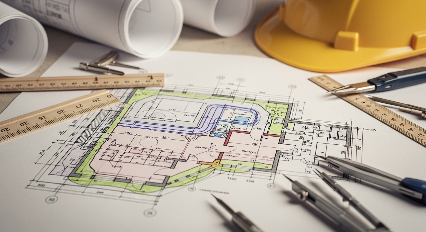 Comprehensive construction documentation showing coordinated architectural, structural, and MEP plans developed for permitting and construction execution