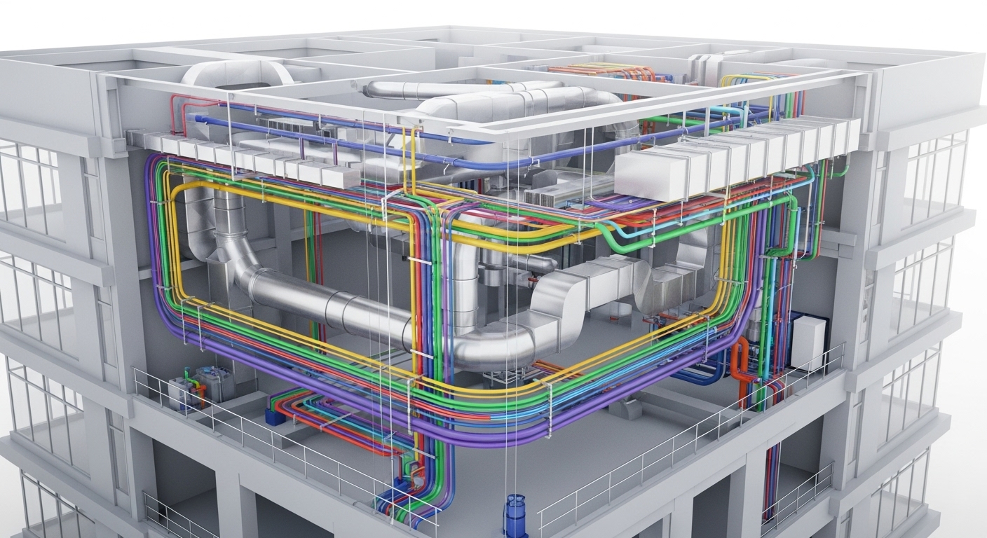 MEP BIM modeling services for HVAC, electrical, and plumbing systems with clash detection and construction-ready 3D coordination