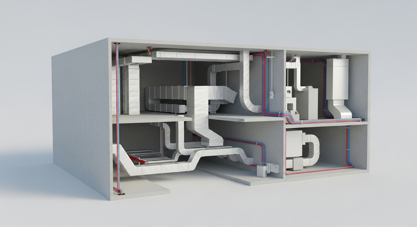 3D BIM model showcasing MEP coordination services with HVAC, plumbing, and electrical systems integrated in a clash-free building design