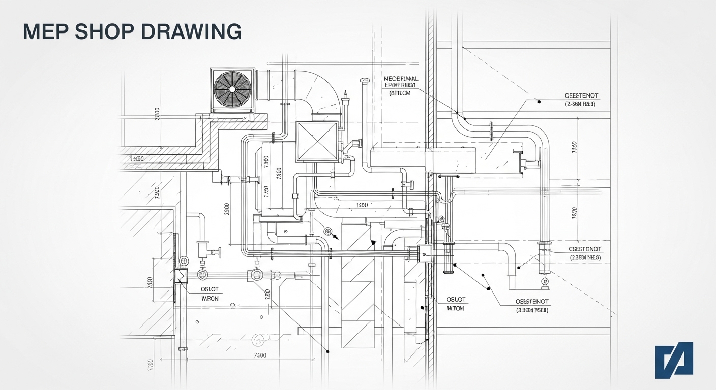 Detailed MEP shop drawing showing coordinated HVAC, electrical, and plumbing layouts generated through BIM for accurate onsite installation