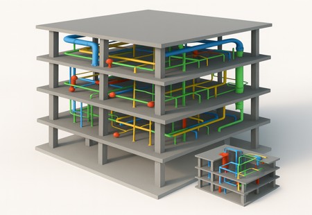 3D BIM model of a multi-story building showing structural and MEP systems with red clash points.