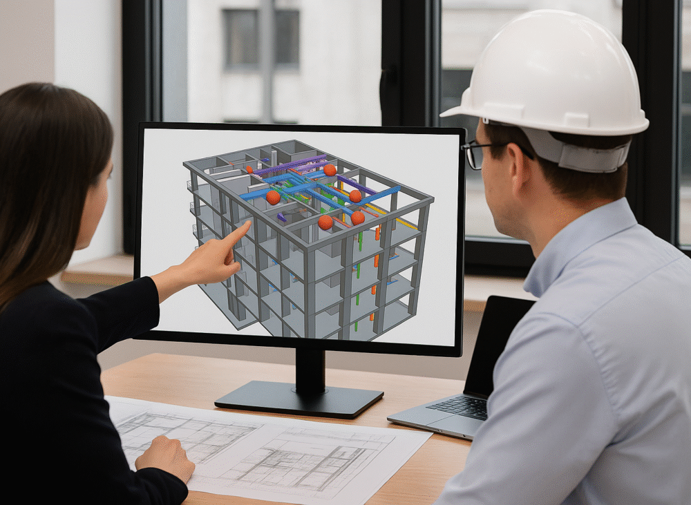 Two professionals reviewing a 3D BIM clash detection model on a computer screen in an office.