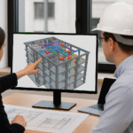 Two professionals reviewing a 3D BIM clash detection model on a computer screen in an office.