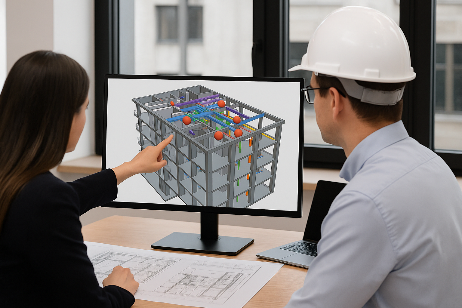 Two professionals reviewing a 3D BIM clash detection model on a computer screen in an office.