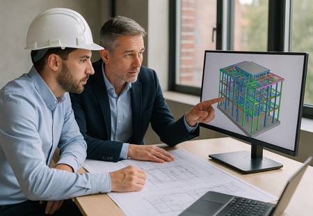 Two engineers in an office reviewing a 3D structural BIM model on a computer screen with blueprints spread on the table.