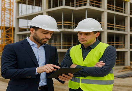 Two construction professionals in hard hats reviewing project details on a tablet at an active building site.