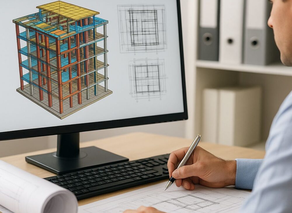 Structural BIM consultant reviewing 3D building model on computer with detailed architectural drawings.