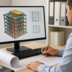 Structural BIM consultant reviewing 3D building model on computer with detailed architectural drawings.