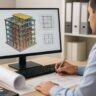 Structural BIM consultant reviewing 3D building model on computer with detailed architectural drawings.