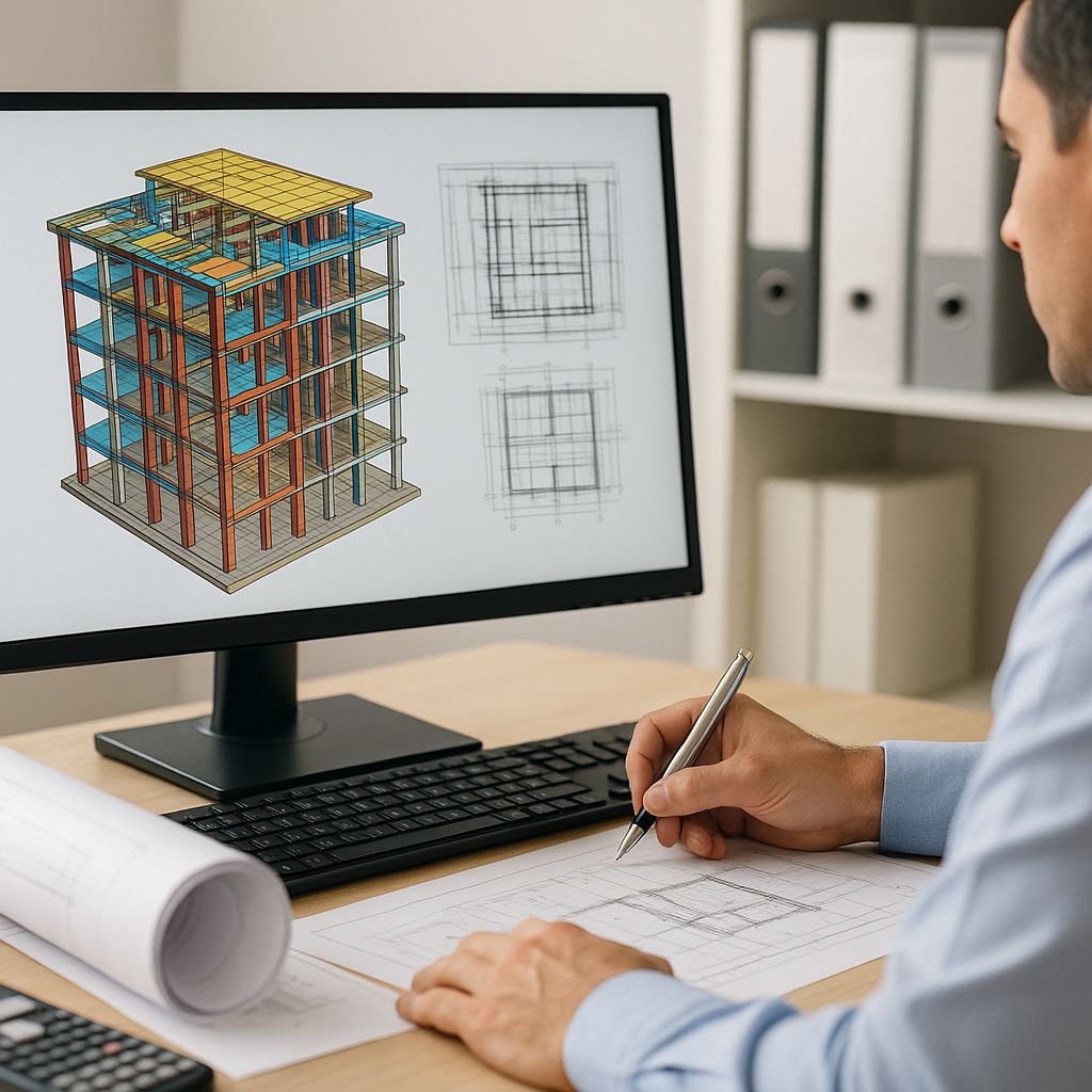Structural BIM consultant reviewing 3D building model on computer with detailed architectural drawings.