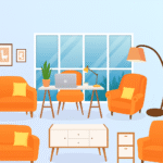 Illustrated office workspace with computer, furniture, and 3D Revit family model visualization.