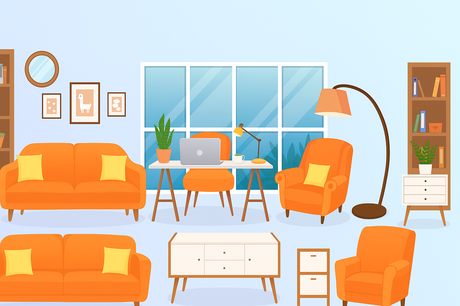 Illustrated office workspace with computer, furniture, and 3D Revit family model visualization.